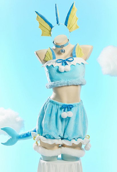 Vaporeon Cosplay Costume Plush Top and Shorts with Tail and Headband