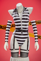 Sexy Black and White Striped Prison Costume Zip-up Bodysuit with Hat and Sleeves