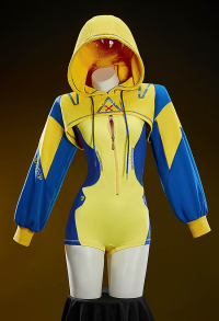 Superhero Derivative Sexy Cosplay Costume Cyberpunk Style Tight-fitting Yoga Sportswear Yellow and Blue Bodysuit with Short Hoodie and Belt