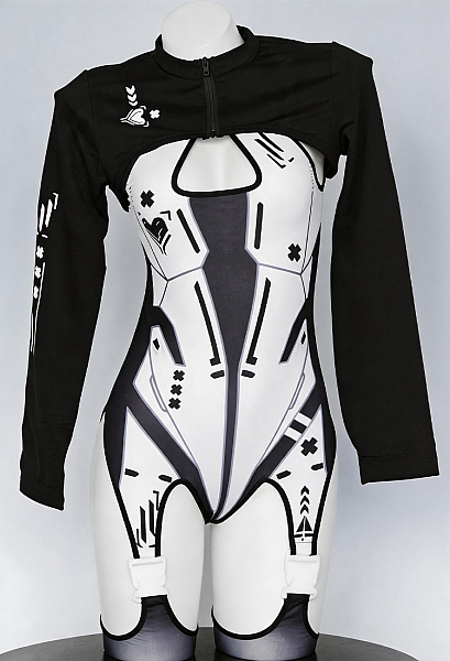 Sexy Cyberpunk Mechanical Print Jumpsuit Cutout Halter Neck Bodysuit with Bolero Top and Stockings