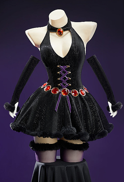 Raven Derivative Winter Christmas Plush Cosplay Costume Velvet Halter Dress with Hooded Cape and Sleeves