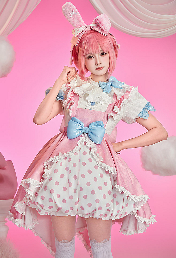cute cosplay dresses Anime Doll Melody Derivative Cute Lolita Set Ruffle Polka Dot Dress with  Apron and Headpiece
