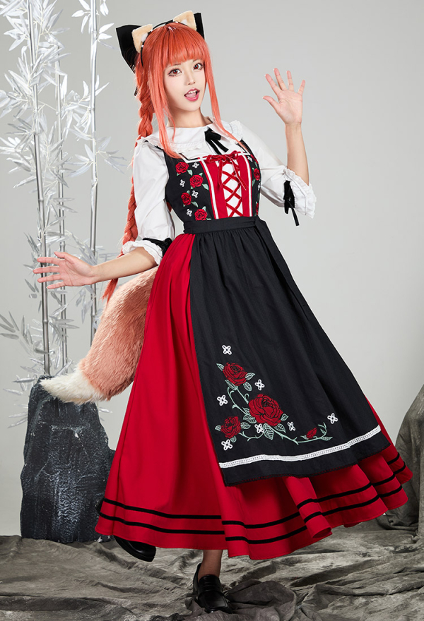 ホロ 狼と香辛料 赤いドレス コスプレ　Spice and Wolf M Holo Costume - Dress and Shirt with Tail Headband Spice and