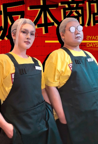 Anime Sakamoto Taro Cosplay Costume T-shirt with Apron and Badge