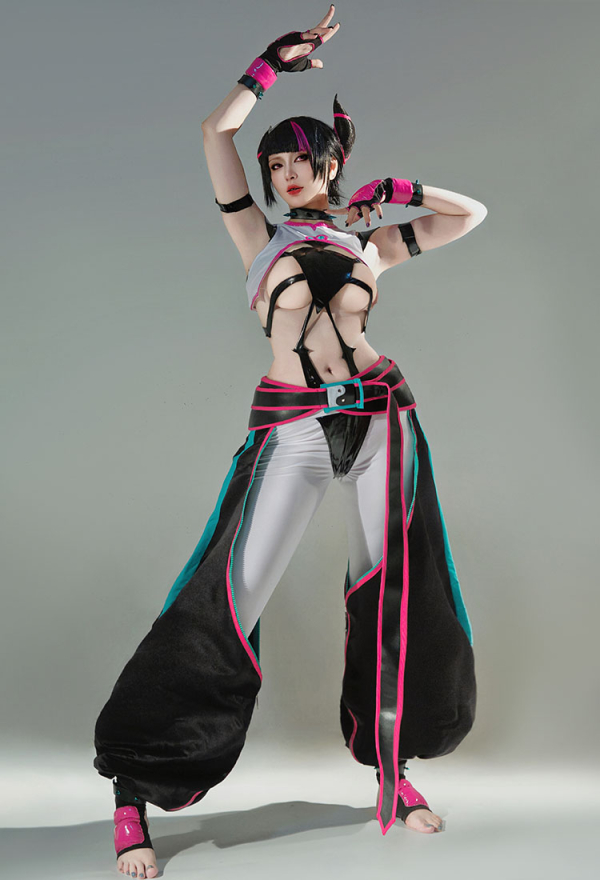 Street Fighter 6 Juri Cosplay Crop Top Hals Zubehör Handschuhe Hose Socken Gürtel Cosplay Kostüm