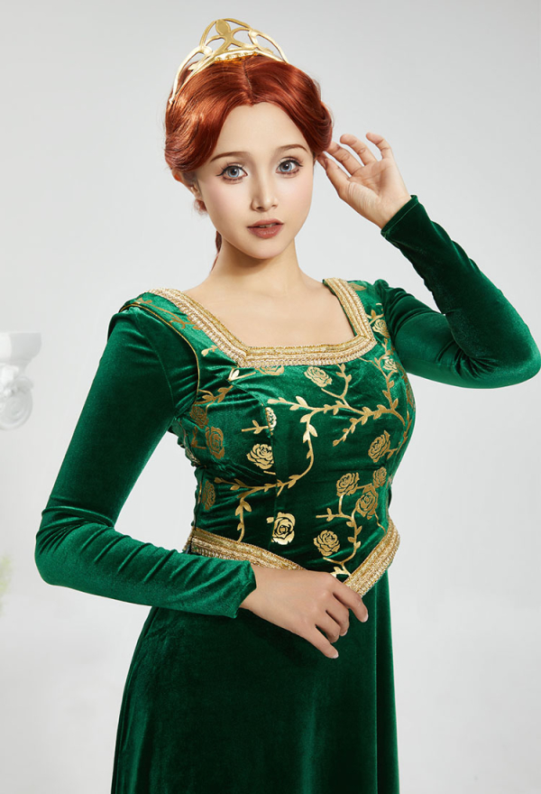 Shrek Fiona Cosplay Costume Robe et Gilet Vert Vintage Slim à Col Carré