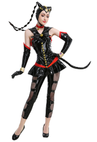 Sailor Moon Sailor Tin Nyanko Suzu Black Leather Dress Zentai Bodysuit Outfit Cosplay Costume with Headpiece and Net Pantyhose