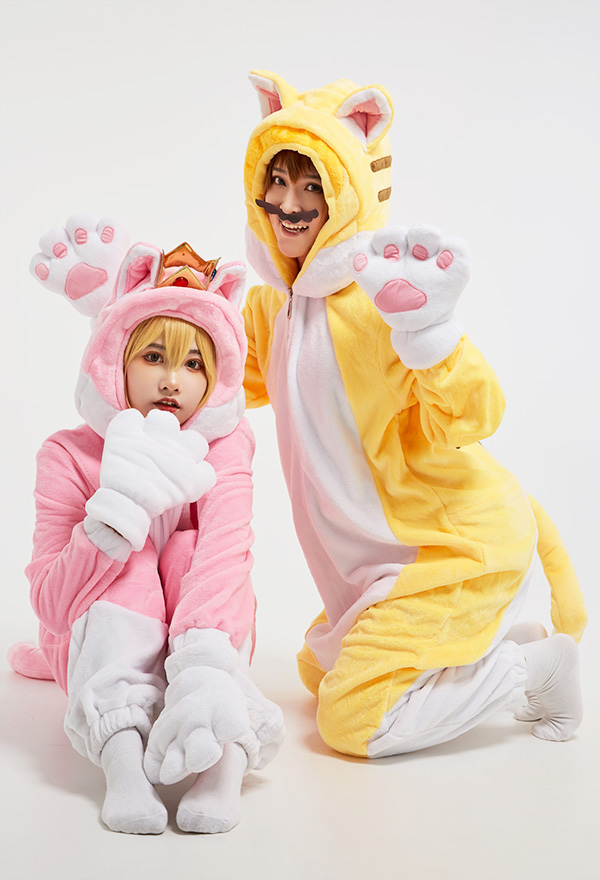 Kawaii Damen Mario Prinzessin Overall mit Kapuzen Pyjamas Onesie Homewear Kigurumi Jumpsuit Katze Ohren Kostüm Cosplay Kostüm