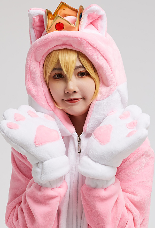 Kawaii Damen Mario Prinzessin Overall mit Kapuzen Pyjamas Onesie Homewear Kigurumi Jumpsuit Katze Ohren Kostüm Cosplay Kostüm