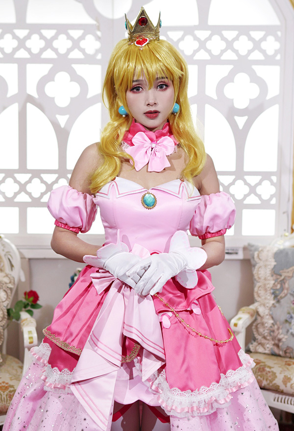 Women Princess Cosplay Costume Pink Peach Dress with Crown Underskirt and  Gloves