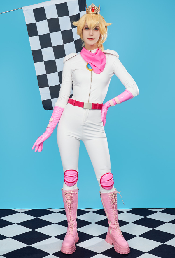 Peach Cosplay Costume Biker Suit Slim Top and Pants with Belt and Gloves