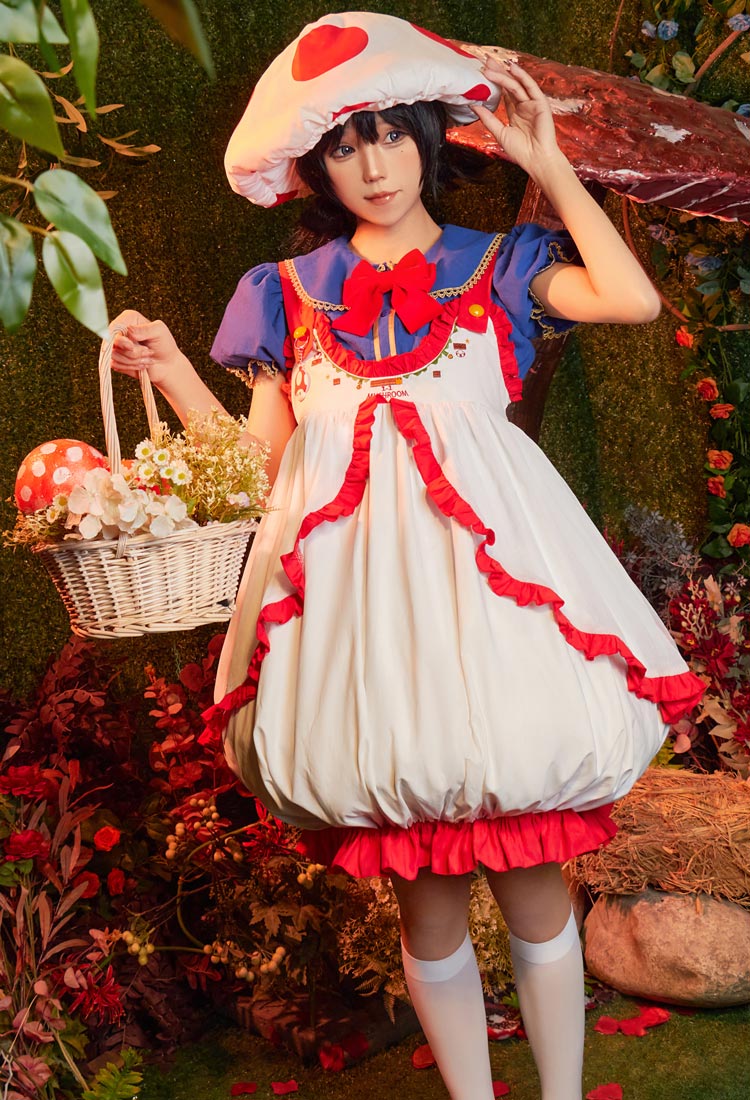 Toad Derivative Cosplay Costume Kawaii Doll Collar Top and Dress with Hat and Socks