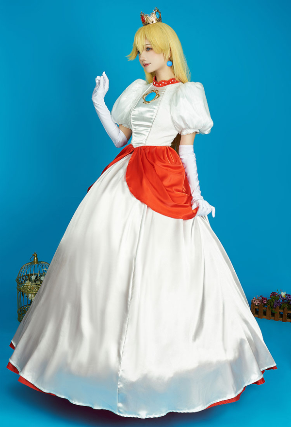 Fille Peach Costume de Cosplay Costume de Princesse Robe Blanche et Rouge avec Accessoires pour Femme