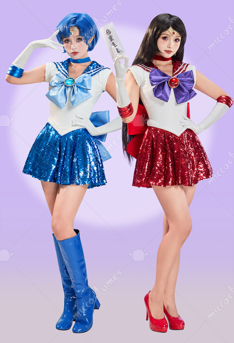 Sailor Mars and Mercury Stage Version Cosplay Costume Dress with Gloves and Hair Accessories