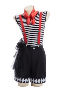 Speechless Mime Role-play Cosplay Costume Top and Shorts with Hat and Suspenders
