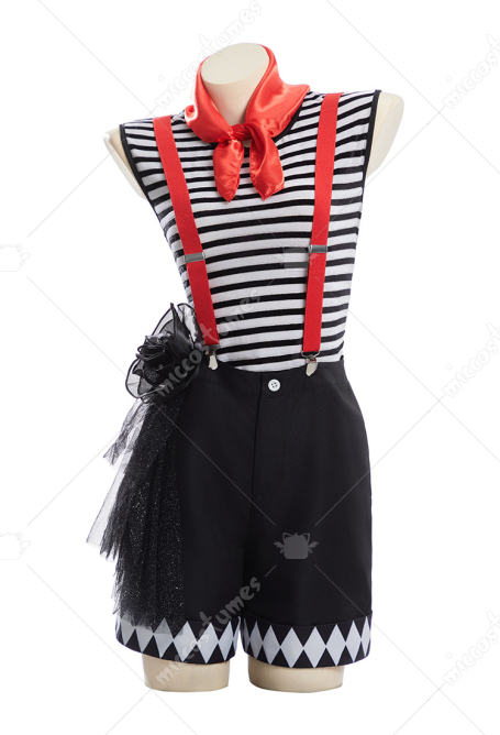 Speechless Mime Role-play Cosplay Costume Top and Shorts with Hat and Suspenders