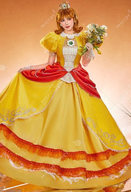 Premium Edition Princess Daisy Cosplay Costume Dress with Gloves and Sleeves