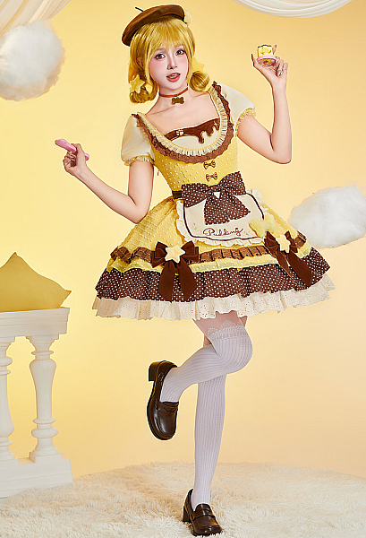 Anime Doll Derivative Cute Lolita Suit Polka Dot Colorblock Dress with Apron and Hat