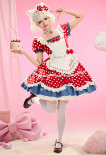 Anime Doll Derivative Kawaii Lolita Set Polka Dot Ruffled Dress with Apron and Hair Accessory