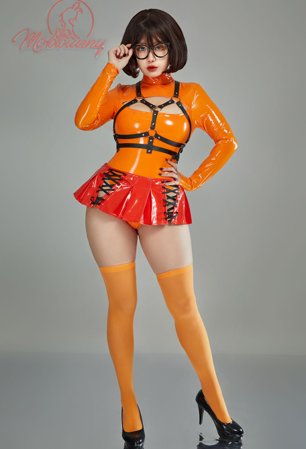 Velma Derivative Sexy Orange Bodysuit Lingerie Bondage Top Dessous mit Socken Criss Cross Rock Set