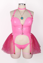 Plus Size Halloween Peach Princess Derivative Sexy Lingerie Set Pink Zipper Top Thong with Skirt Choker