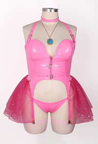 Plus Size Halloween Peach Princess Derivative Sexy Lingerie Set Pink Zipper Top Thong with Skirt Choker