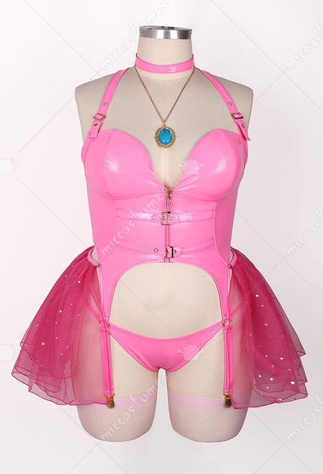 Plus Size Halloween Peach Princess Derivative Sexy Lingerie Set Pink Zipper Top Thong with Skirt Choker