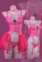 Halloween Women Peach Pink Princess Derivative Lingerie Set with Choker Gloves Thong and Stockings