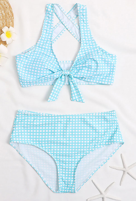 Woman Cute Sexy Fine Grid Pattern Two-Piece Split Bikini Set Swimsuit Swimming Pants Swimwear Bodysuit Bathing Suit Outfit for Hot Spring and Pool