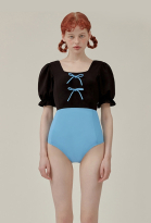 Women Blue Black Color Contrast One Piece Swimsuit High Cut Puff Sleeve Swimwear Beach Wear Back Hollow Square Collar Monokini Bathing Suit with Pads