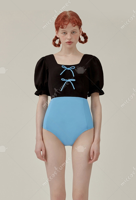 Women Blue Black Color Contrast One Piece Swimsuit High Cut Puff Sleeve Swimwear Beach Wear Back Hollow Square Collar Monokini Bathing Suit with Pads