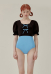 Women Blue Black Color Contrast One Piece Swimsuit High Cut Puff Sleeve Swimwear Beach Wear Back Hollow Square Collar Monokini Bathing Suit with Pads
