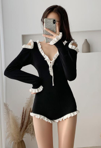 Woman Sexy Cute One Piece Strapless Long Sleeved Lace Decorated V-Shape Collar Swimsuit Bodysuit Beach Swimsuit Bathing Suit