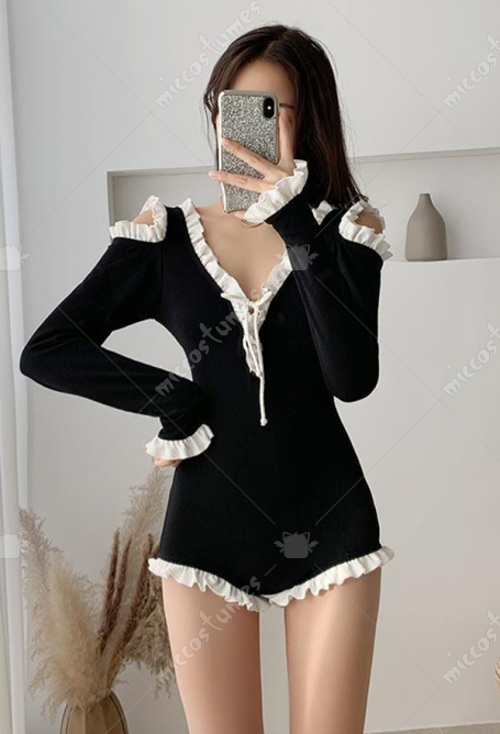 Woman Sexy Cute One Piece Strapless Long Sleeved Lace Decorated V-Shape Collar Swimsuit Bodysuit Beach Swimsuit Bathing Suit