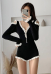 Woman Sexy Cute One Piece Strapless Long Sleeved Lace Decorated V-Shape Collar Swimsuit Bodysuit Beach Swimsuit Bathing Suit