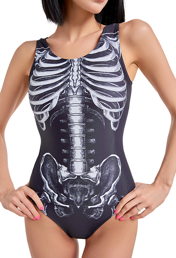 Gthoic Dark Style Swimsuits White Skeleton Pattern Bathing Suits