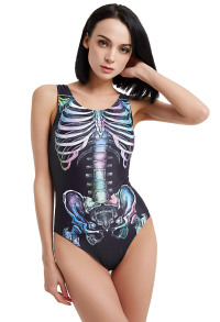 Miccostumes Swimsuits for Women Gothic Style Skeleton Pattern Bathing Suit Tummy Control One-piece Swimwear