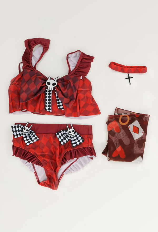 Miccostumes Kawaii Bikini Set for Women Swimsuit Red Plaid Ruffles Top and Bottoms Two-Piece Bathing Suit Swimwear with Chiffon Wrap Skirt and Necklace