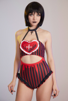 Miccostumes Swimsuits for Women Gothic Dark Style Black Red Stripe  Bathing Suit Heart Design Halter One-Piece Swimwear