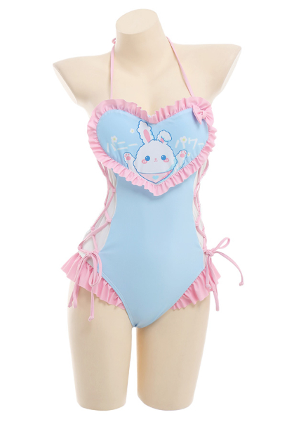 Miccostumes Swimsuits for Women Bunny Printed Bathing Suit Kawaii Lace Up One-piece Swimwear Sexy Costume