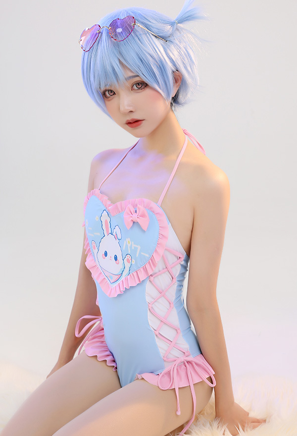 Bunny Printed One piece Swimsuits Kawaii Lace Up Bathing Suits One piece Swimwear for Sale