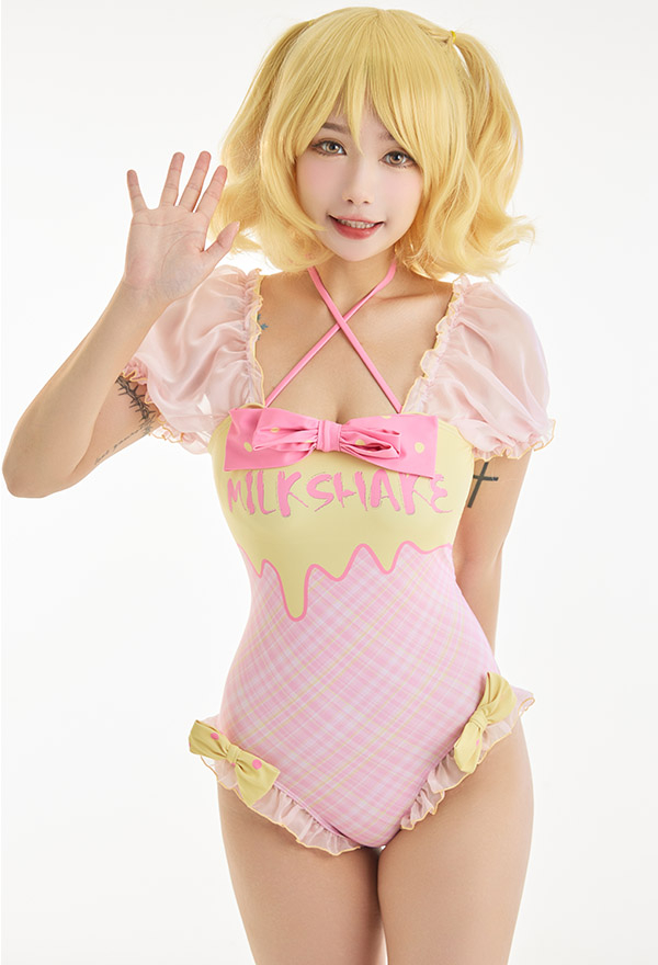 Miccostumes Swimsuits Milchshake Kawaii Crisscross Badeanzug Swimsuit Bodysuit Puffärmel Schleife