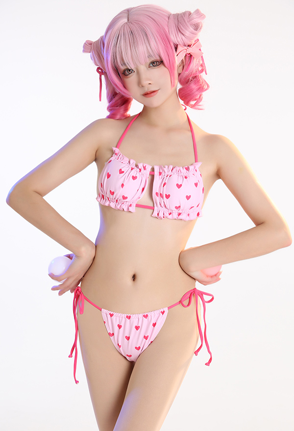 Miccostumes Swimsuits Kawaii Bikini Neckholder Dreieckiges Kordelzug Badeanzug in Rose