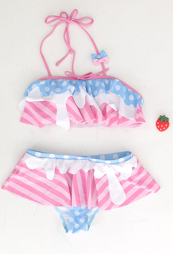 Miccostumes Swimsuits for Women Strawberry Milk Pattern Bathing Suit Two Piece Halter Swimwear