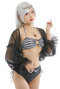 Miccostumes Swimsuits for Women Black White Stripe Bathing Suit Sexy Halter Top and Shorts Bikini Set with Coverup