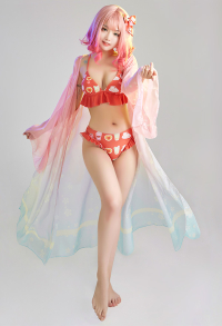 Miccostumes Swimsuits for Women Cartoon Pattern Bathing Suit Ruffles Decorated Swimwear Bikini Sets with Sheer Coverup Chiffon Cardigans