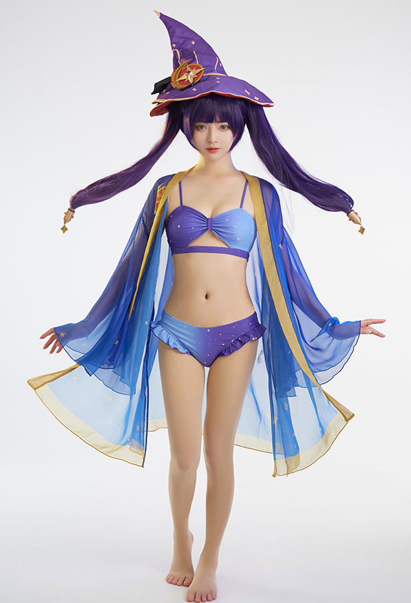 Miccostumes Swimsuit Femme Maillot de Bain Deux Pièces Bikini Violet avec Impression de Ciel Étoilé