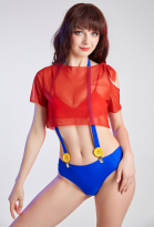 Kawaii Two-Piece Bikini Set with Red Chiffon Cover-Up Women Swimsuit Bathing Suit with Shoulder Strap