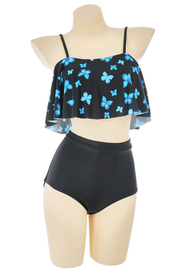 Women Two Piece Swimsuit Blue Butterfly Ruffle Falbala Bathing