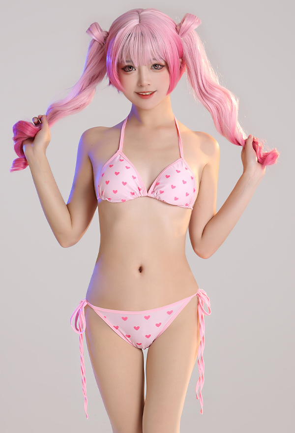 Miccostumes Swimsuits for Women Pink Heart Swimwear Bathing suit Halter Lace-up Top and Shorts Bikini Sets